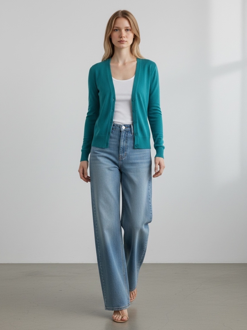Ricki’s Cardigan V Neck Button Front Sweater Fitted Teal Green Small